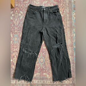 Trendy Zara wide leg cropped Black Distressed Jeans 100% cotton size 10